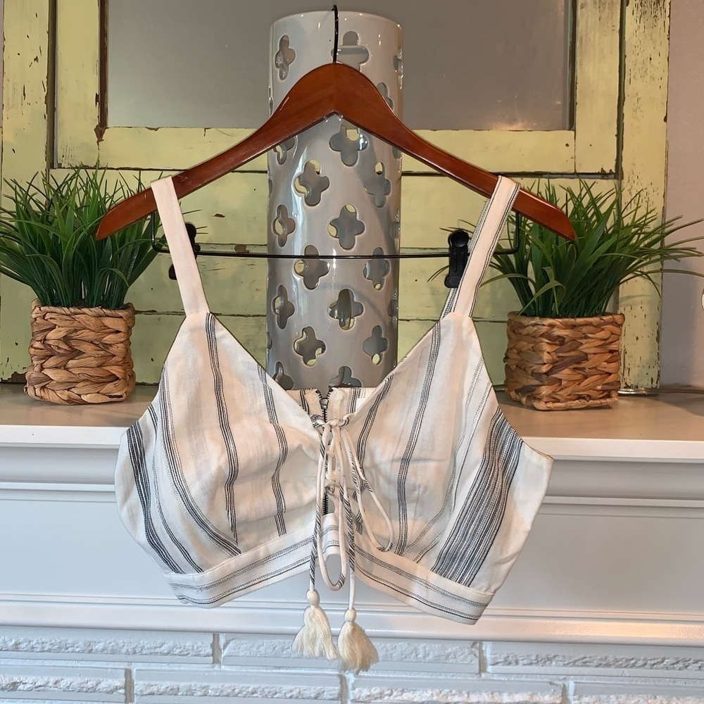 Lost + Wander Blue Striped Lace Up Tassel Tie Boho Summer Crop Top Size Large